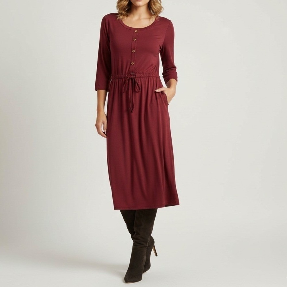 Reborn J Women's Knit‎ Midi Dress Red 3/4 Sleeve Drawstring Waist Casual Size S